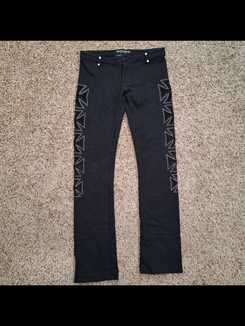 Vintage Platinum Plush Y2K Rhinestone Mesh Cross Flare Pants